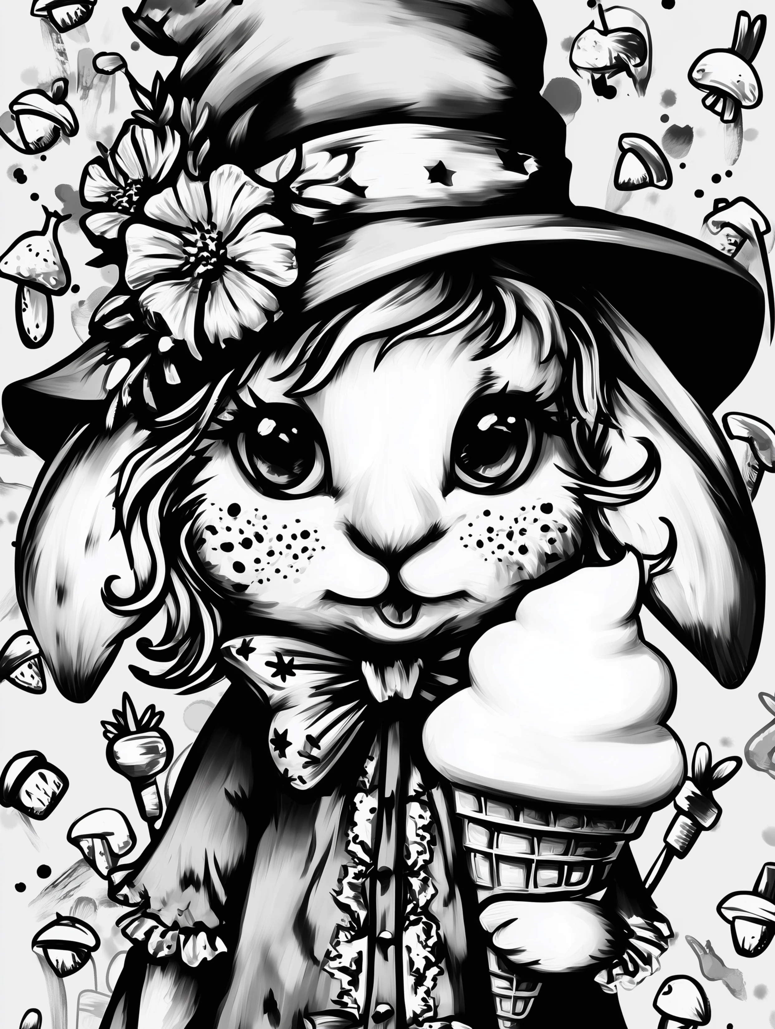 Free printable rabbit coloring page for adults featuring a bunny witch with an ice cream cone
